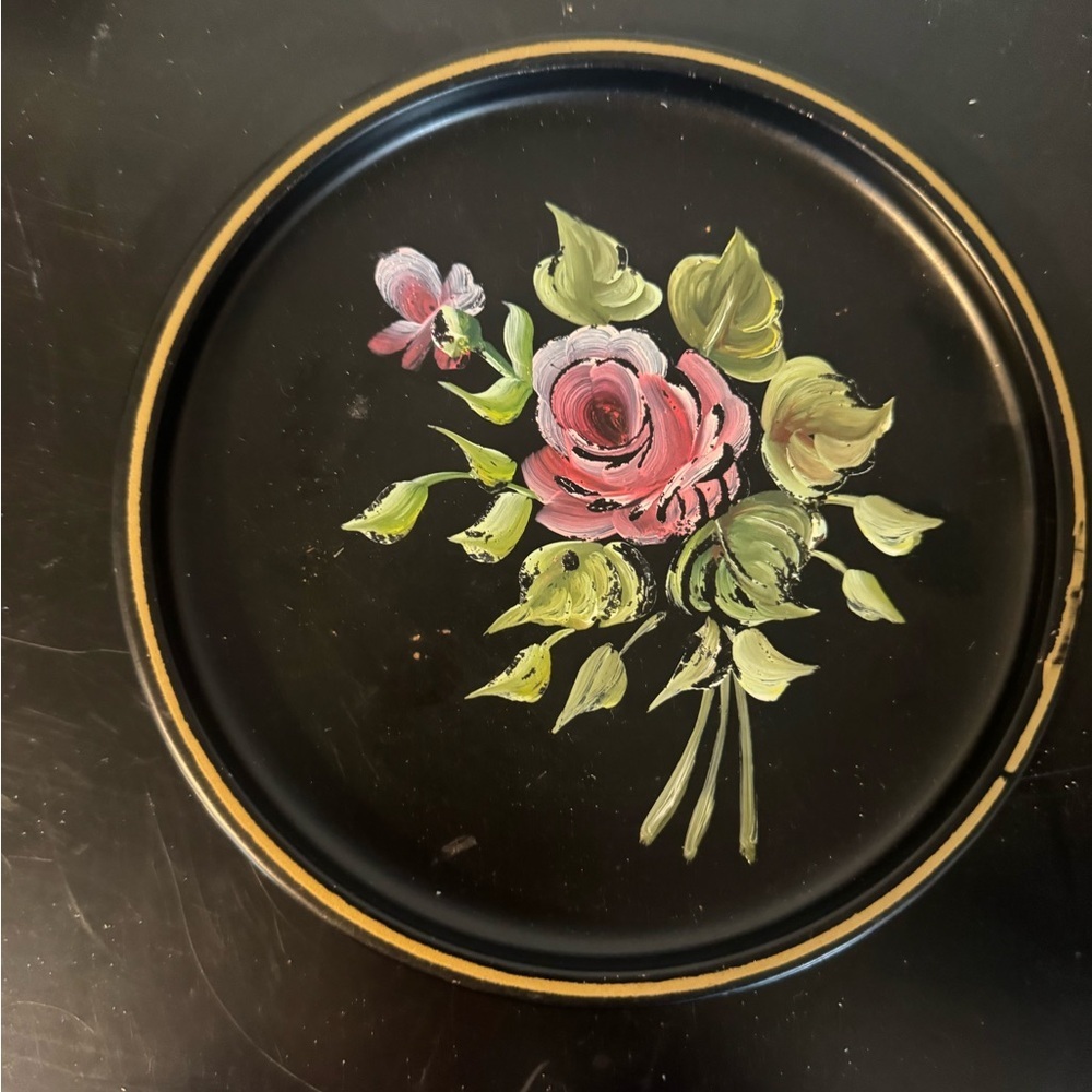 Vintage Floral Painted Black Tray